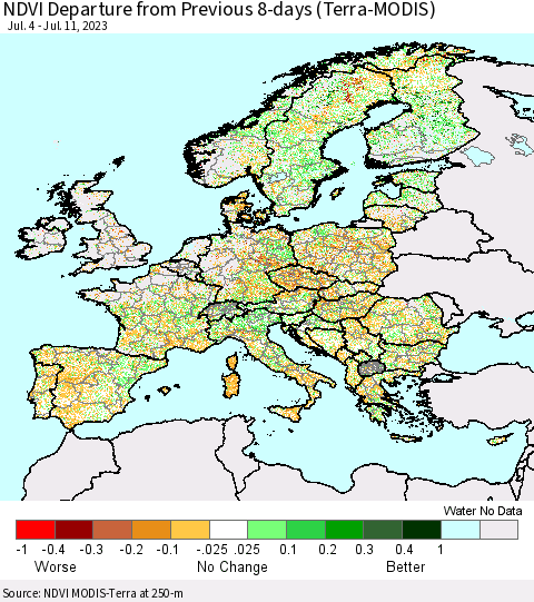 Europe NDVI Departure from Previous 8-days (Terra-MODIS) Thematic Map For 7/4/2023 - 7/11/2023