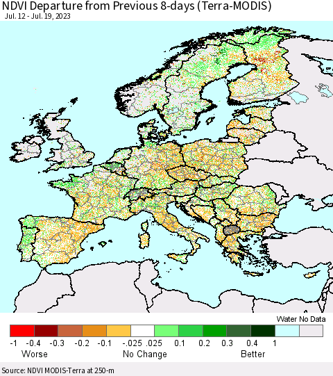 Europe NDVI Departure from Previous 8-days (Terra-MODIS) Thematic Map For 7/12/2023 - 7/19/2023