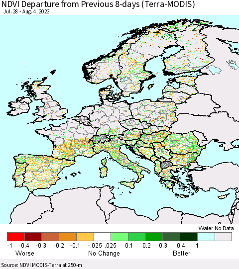 Europe NDVI Departure from Previous 8-days (Terra-MODIS) Thematic Map For 7/28/2023 - 8/4/2023
