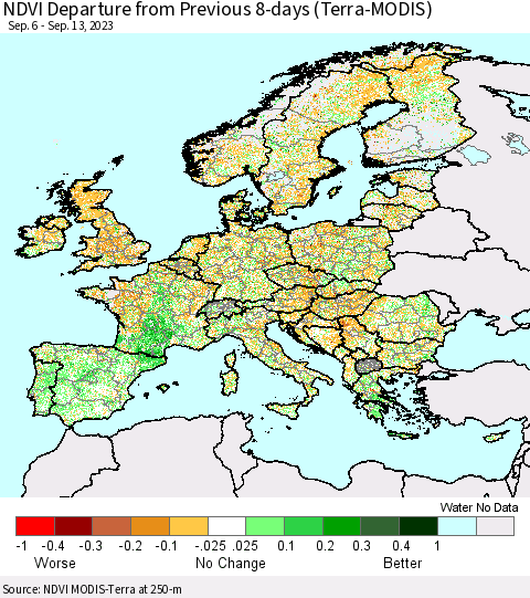 Europe NDVI Departure from Previous 8-days (Terra-MODIS) Thematic Map For 9/6/2023 - 9/13/2023