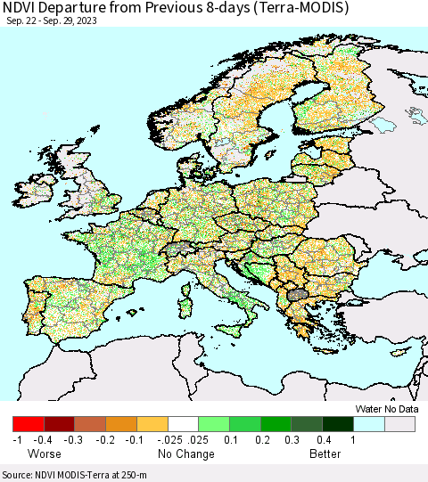 Europe NDVI Departure from Previous 8-days (Terra-MODIS) Thematic Map For 9/22/2023 - 9/29/2023