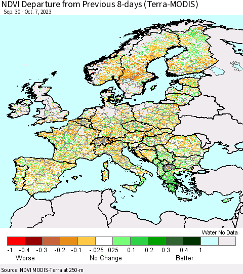 Europe NDVI Departure from Previous 8-days (Terra-MODIS) Thematic Map For 9/30/2023 - 10/7/2023