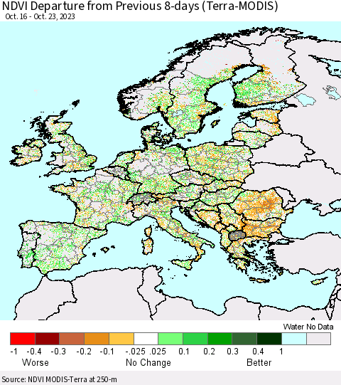 Europe NDVI Departure from Previous 8-days (Terra-MODIS) Thematic Map For 10/16/2023 - 10/23/2023