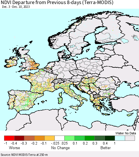 Europe NDVI Departure from Previous 8-days (Terra-MODIS) Thematic Map For 12/3/2023 - 12/10/2023