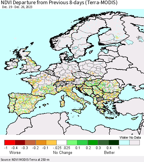 Europe NDVI Departure from Previous 8-days (Terra-MODIS) Thematic Map For 12/19/2023 - 12/26/2023