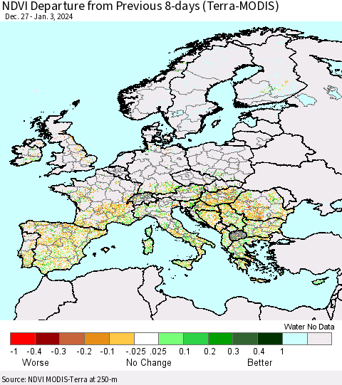 Europe NDVI Departure from Previous 8-days (Terra-MODIS) Thematic Map For 12/27/2023 - 1/3/2024