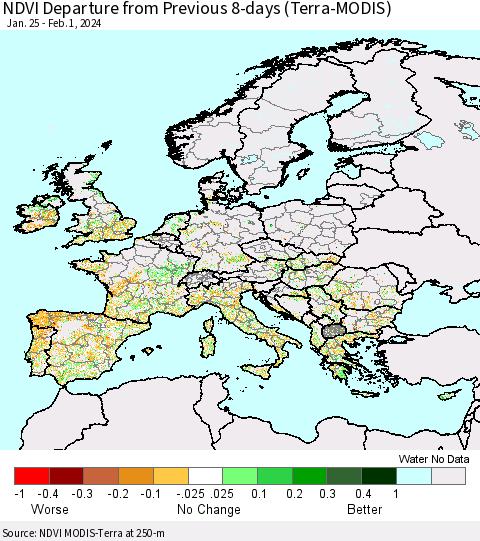 Europe NDVI Departure from Previous 8-days (Terra-MODIS) Thematic Map For 1/25/2024 - 2/1/2024