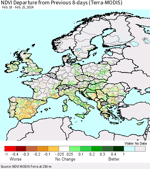 Europe NDVI Departure from Previous 8-days (Terra-MODIS) Thematic Map For 2/18/2024 - 2/25/2024