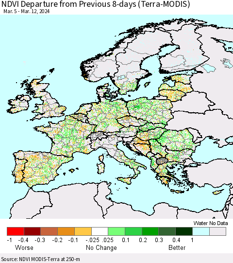 Europe NDVI Departure from Previous 8-days (Terra-MODIS) Thematic Map For 3/5/2024 - 3/12/2024
