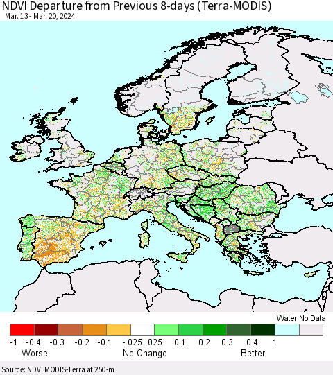 Europe NDVI Departure from Previous 8-days (Terra-MODIS) Thematic Map For 3/13/2024 - 3/20/2024