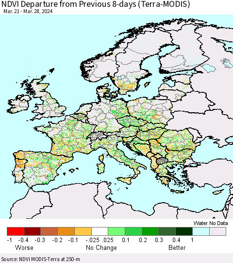 Europe NDVI Departure from Previous 8-days (Terra-MODIS) Thematic Map For 3/21/2024 - 3/28/2024