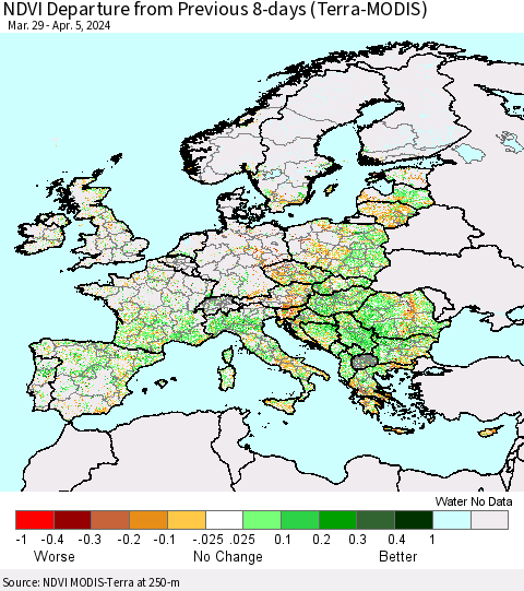 Europe NDVI Departure from Previous 8-days (Terra-MODIS) Thematic Map For 3/29/2024 - 4/5/2024