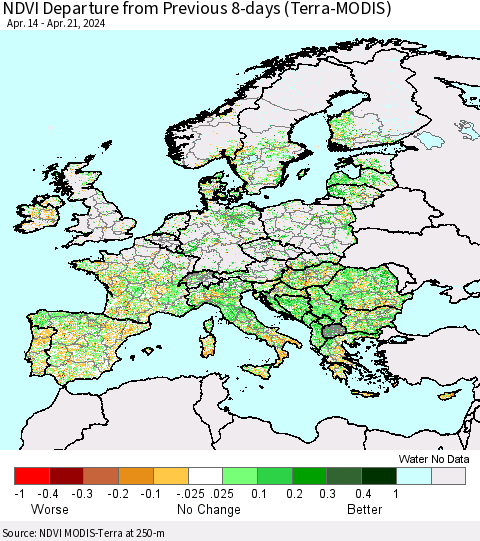 Europe NDVI Departure from Previous 8-days (Terra-MODIS) Thematic Map For 4/14/2024 - 4/21/2024