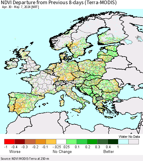 Europe NDVI Departure from Previous 8-days (Terra-MODIS) Thematic Map For 4/30/2024 - 5/7/2024