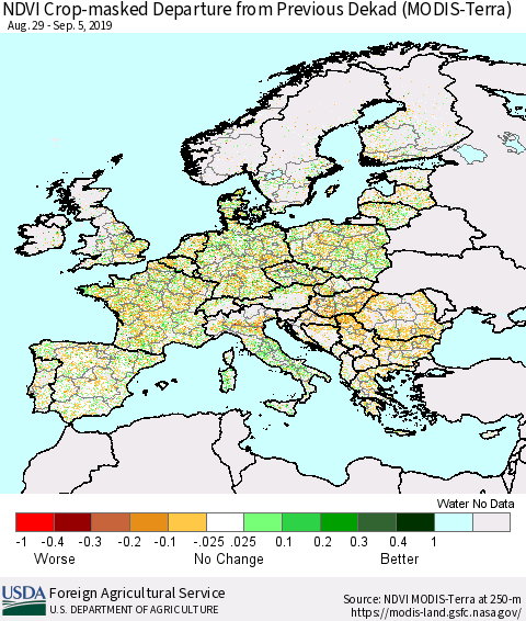 Europe Cropland NDVI Departure from Previous Dekad (Terra-MODIS) Thematic Map For 9/1/2019 - 9/10/2019