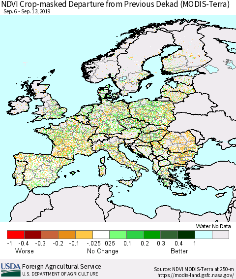 Europe Cropland NDVI Departure from Previous Dekad (Terra-MODIS) Thematic Map For 9/11/2019 - 9/20/2019