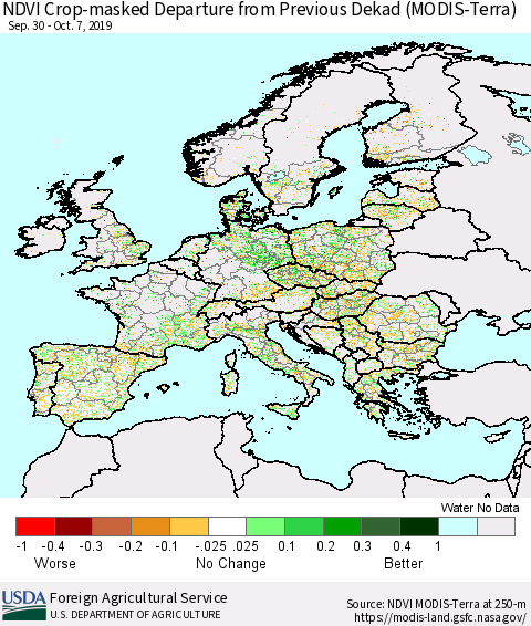 Europe Cropland NDVI Departure from Previous Dekad (Terra-MODIS) Thematic Map For 10/1/2019 - 10/10/2019