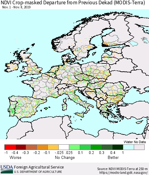Europe Cropland NDVI Departure from Previous Dekad (Terra-MODIS) Thematic Map For 11/1/2019 - 11/10/2019