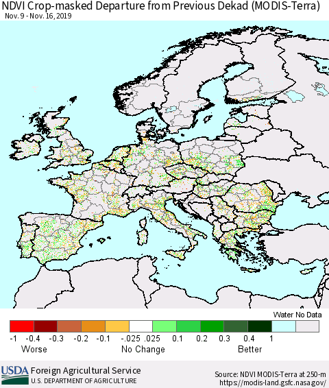 Europe Cropland NDVI Departure from Previous Dekad (Terra-MODIS) Thematic Map For 11/11/2019 - 11/20/2019