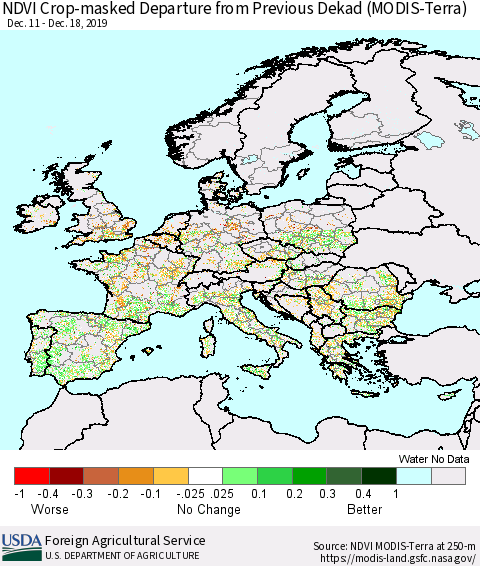 Europe Cropland NDVI Departure from Previous Dekad (Terra-MODIS) Thematic Map For 12/11/2019 - 12/20/2019