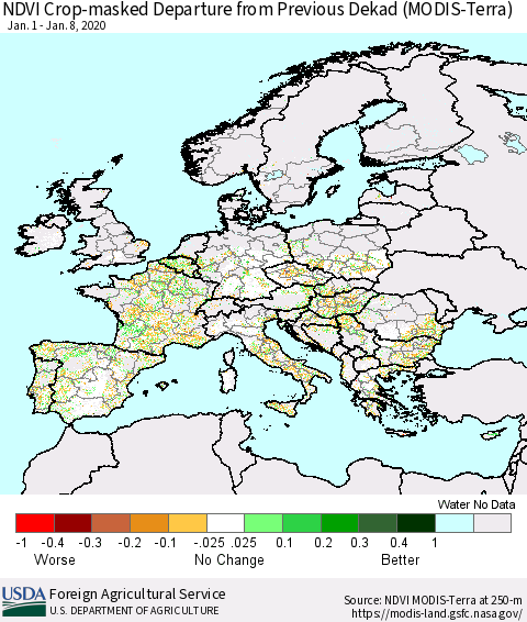 Europe Cropland NDVI Departure from Previous Dekad (Terra-MODIS) Thematic Map For 1/1/2020 - 1/10/2020