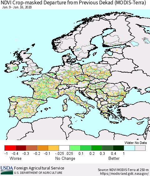 Europe Cropland NDVI Departure from Previous Dekad (Terra-MODIS) Thematic Map For 1/11/2020 - 1/20/2020
