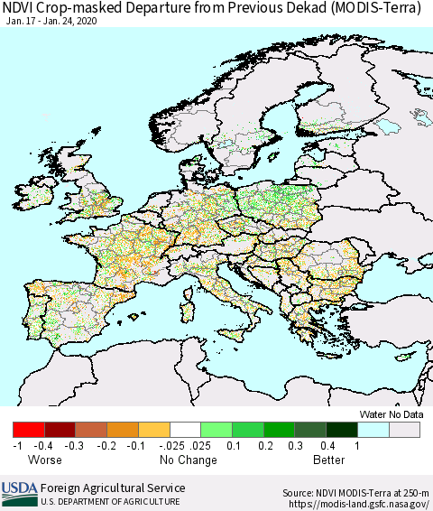 Europe Cropland NDVI Departure from Previous Dekad (Terra-MODIS) Thematic Map For 1/21/2020 - 1/31/2020