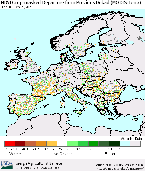 Europe Cropland NDVI Departure from Previous Dekad (Terra-MODIS) Thematic Map For 2/21/2020 - 2/29/2020