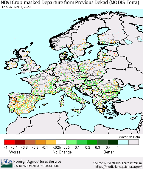 Europe Cropland NDVI Departure from Previous Dekad (Terra-MODIS) Thematic Map For 3/1/2020 - 3/10/2020