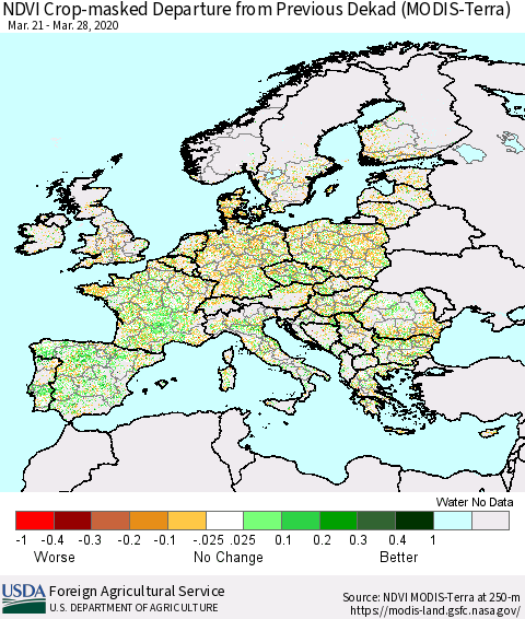 Europe Cropland NDVI Departure from Previous Dekad (Terra-MODIS) Thematic Map For 3/21/2020 - 3/31/2020
