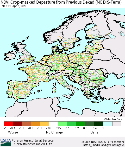 Europe Cropland NDVI Departure from Previous Dekad (Terra-MODIS) Thematic Map For 4/1/2020 - 4/10/2020