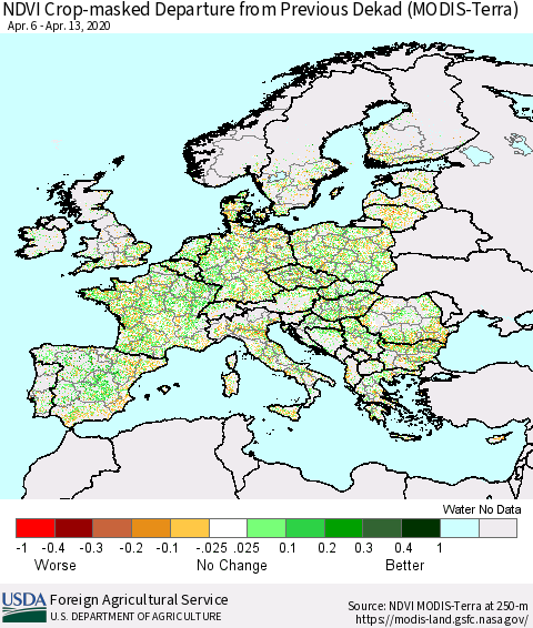 Europe Cropland NDVI Departure from Previous Dekad (Terra-MODIS) Thematic Map For 4/11/2020 - 4/20/2020