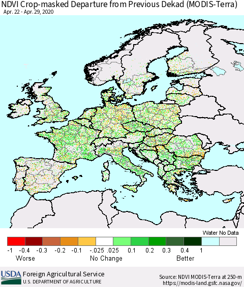 Europe Cropland NDVI Departure from Previous Dekad (Terra-MODIS) Thematic Map For 4/21/2020 - 4/30/2020