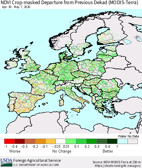 Europe Cropland NDVI Departure from Previous Dekad (Terra-MODIS) Thematic Map For 5/1/2020 - 5/10/2020