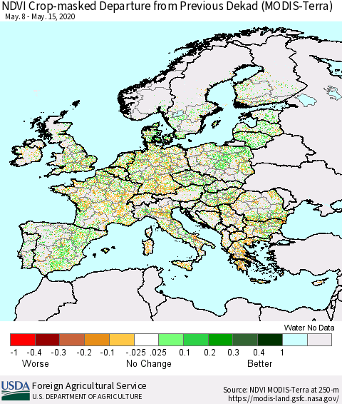 Europe Cropland NDVI Departure from Previous Dekad (Terra-MODIS) Thematic Map For 5/11/2020 - 5/20/2020