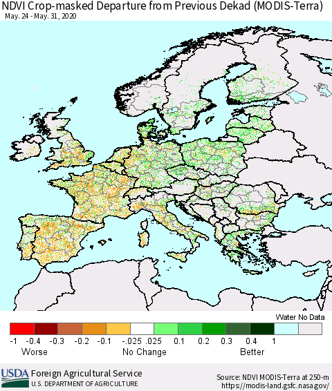 Europe Cropland NDVI Departure from Previous Dekad (Terra-MODIS) Thematic Map For 5/21/2020 - 5/31/2020