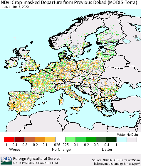 Europe Cropland NDVI Departure from Previous Dekad (Terra-MODIS) Thematic Map For 6/1/2020 - 6/10/2020