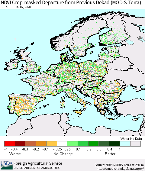 Europe Cropland NDVI Departure from Previous Dekad (Terra-MODIS) Thematic Map For 6/11/2020 - 6/20/2020