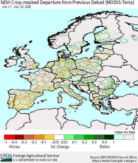 Europe Cropland NDVI Departure from Previous Dekad (Terra-MODIS) Thematic Map For 6/21/2020 - 6/30/2020