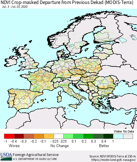 Europe Cropland NDVI Departure from Previous Dekad (Terra-MODIS) Thematic Map For 7/1/2020 - 7/10/2020