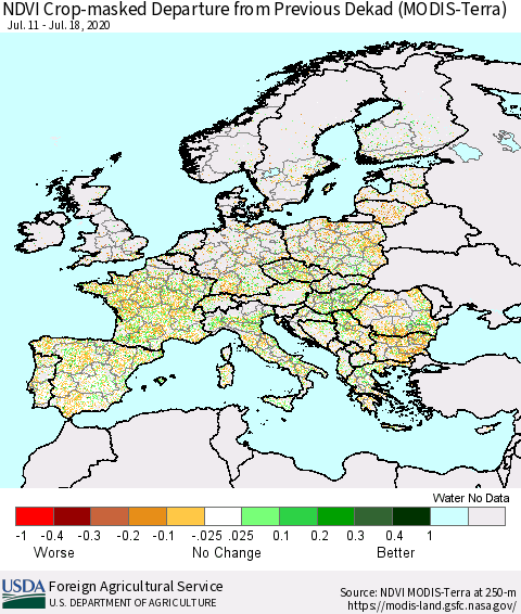 Europe Cropland NDVI Departure from Previous Dekad (Terra-MODIS) Thematic Map For 7/11/2020 - 7/20/2020