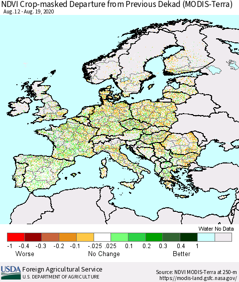 Europe Cropland NDVI Departure from Previous Dekad (Terra-MODIS) Thematic Map For 8/11/2020 - 8/20/2020