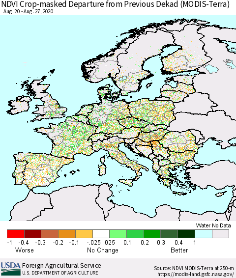 Europe Cropland NDVI Departure from Previous Dekad (Terra-MODIS) Thematic Map For 8/21/2020 - 8/31/2020