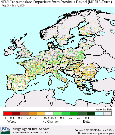 Europe Cropland NDVI Departure from Previous Dekad (Terra-MODIS) Thematic Map For 9/1/2020 - 9/10/2020
