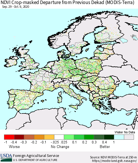 Europe Cropland NDVI Departure from Previous Dekad (Terra-MODIS) Thematic Map For 10/1/2020 - 10/10/2020