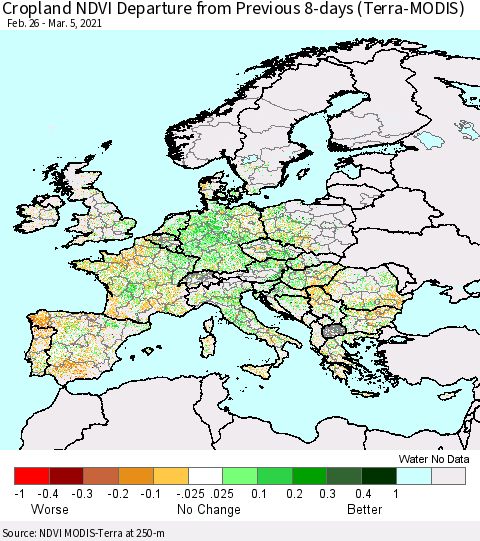 Europe Cropland NDVI Departure from Previous 8-days (Terra-MODIS) Thematic Map For 2/26/2021 - 3/5/2021