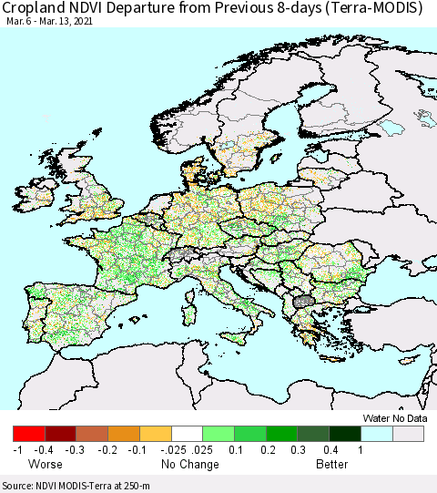 Europe Cropland NDVI Departure from Previous 8-days (Terra-MODIS) Thematic Map For 3/6/2021 - 3/13/2021