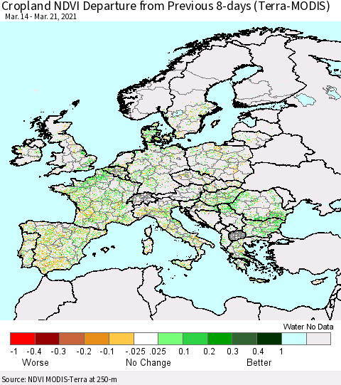 Europe Cropland NDVI Departure from Previous 8-days (Terra-MODIS) Thematic Map For 3/14/2021 - 3/21/2021