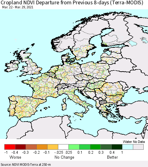 Europe Cropland NDVI Departure from Previous 8-days (Terra-MODIS) Thematic Map For 3/22/2021 - 3/29/2021