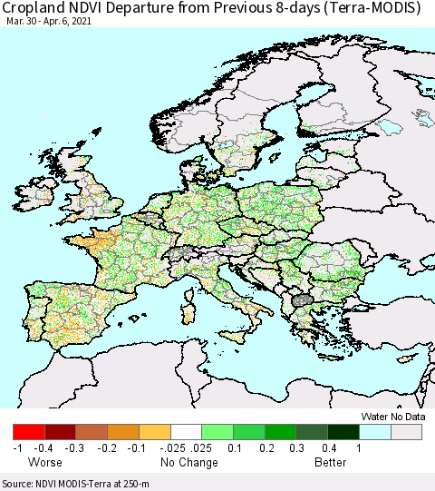 Europe Cropland NDVI Departure from Previous 8-days (Terra-MODIS) Thematic Map For 3/30/2021 - 4/6/2021
